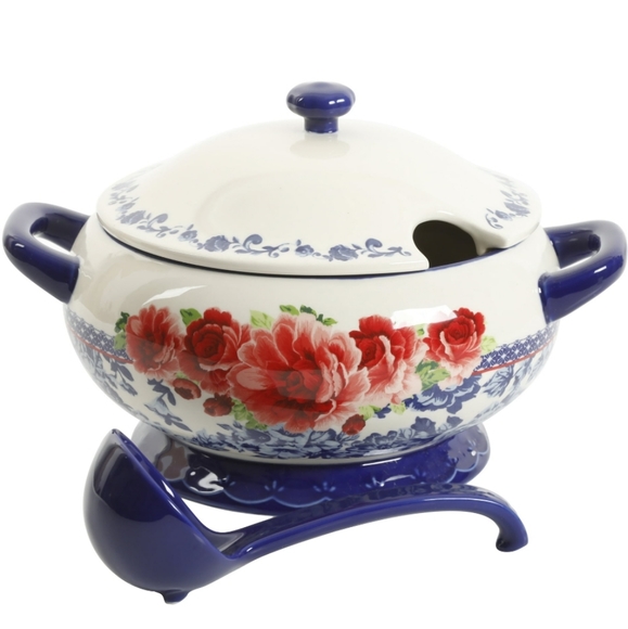 ❤️ New Pioneer Woman Frontier Rose Cobalt Soup Tureen with Ladle - Picture 6 of 6